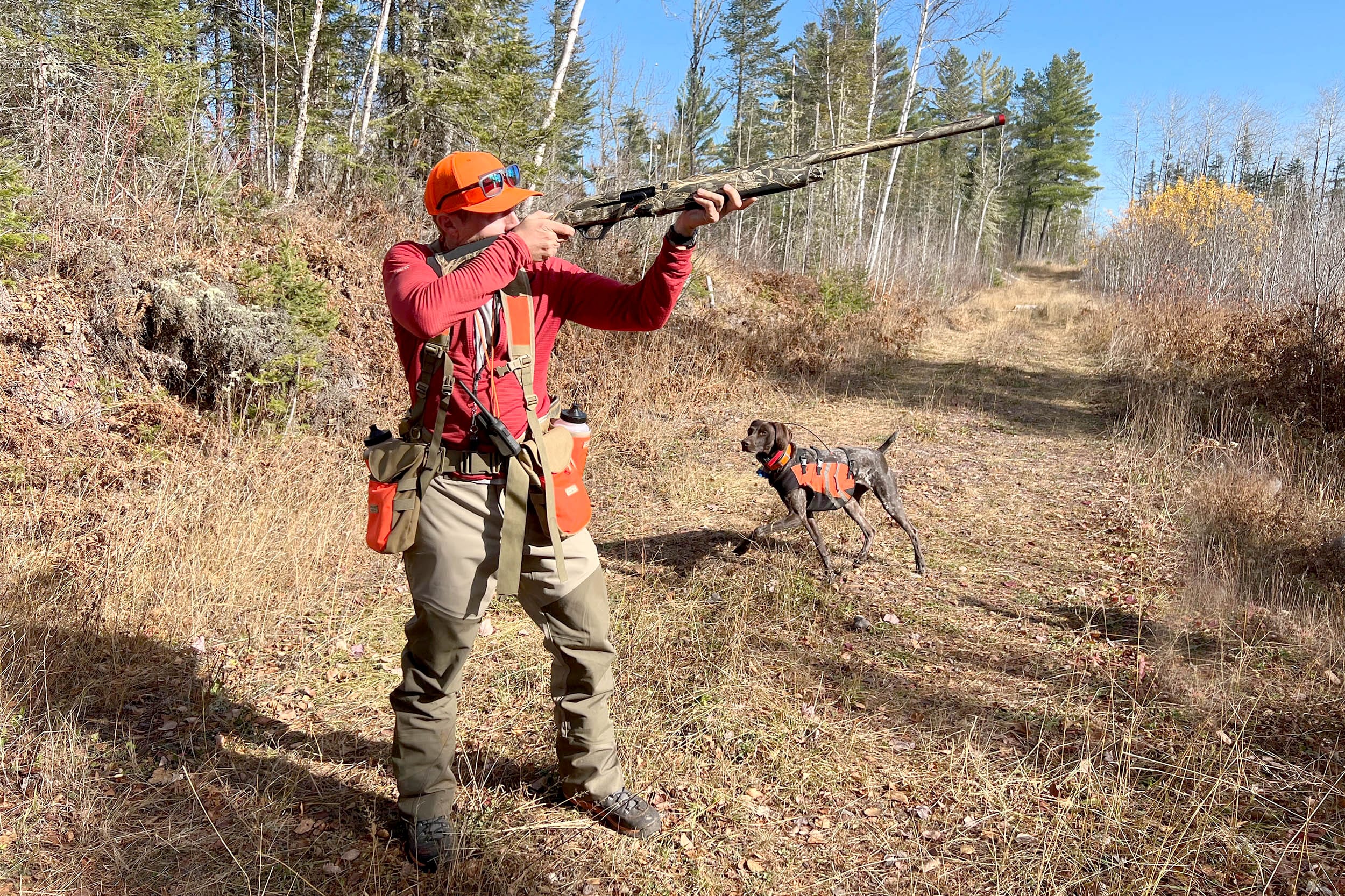 ata-neox-shotgun-review-1 Hunter shooting ATA NEOX 12-Gauge Shotgun on logging trail with a dog