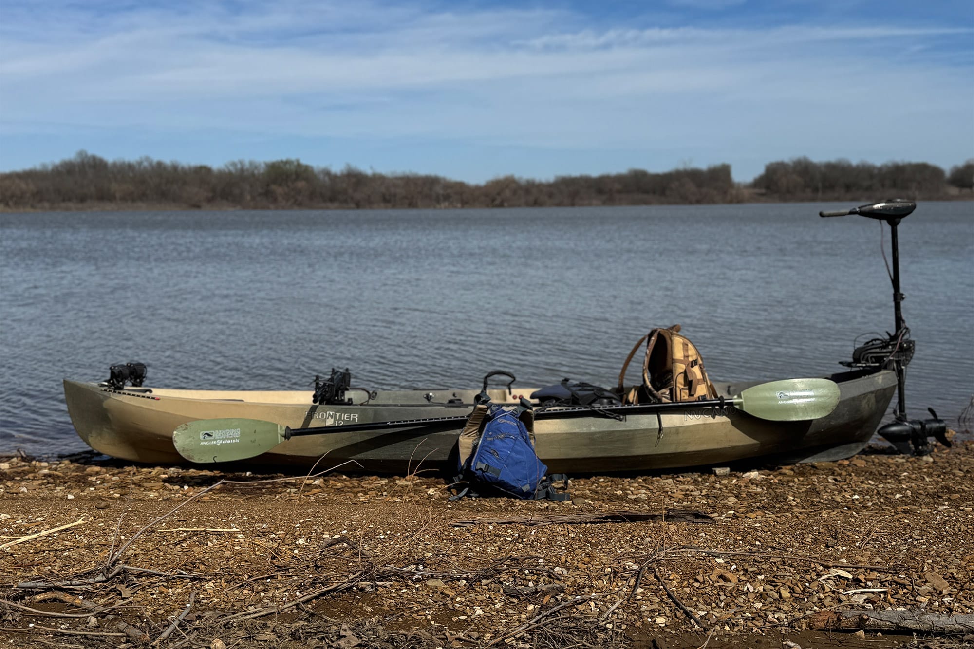 full-kayak-setup The kayak is fully set up with gear, ready for a turkey hunt